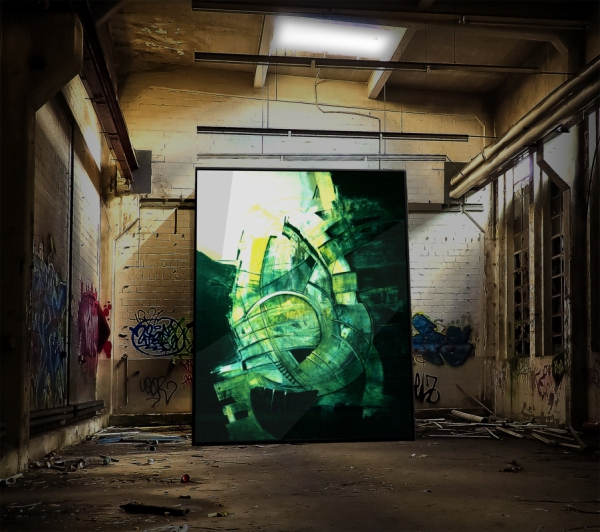 abstract green painting in abandoned dirty room