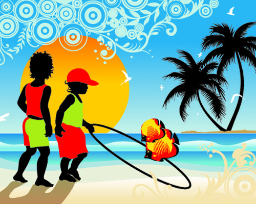 palm trees with boys travel background vector