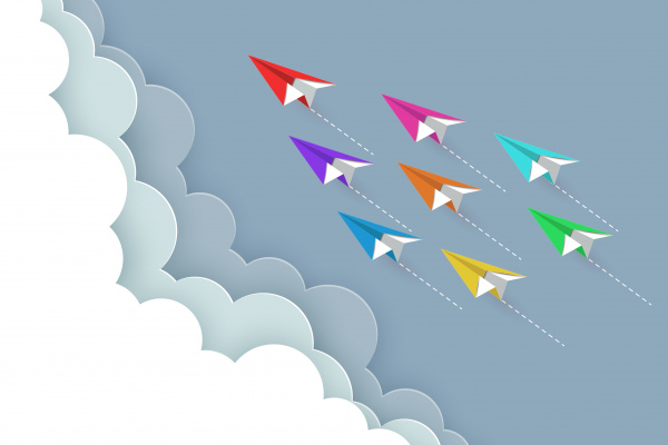 paper airplane colorful fly up to the sky between cloud natural landscape go to target startup leadership concept of business success creative idea illustration vector cartoon