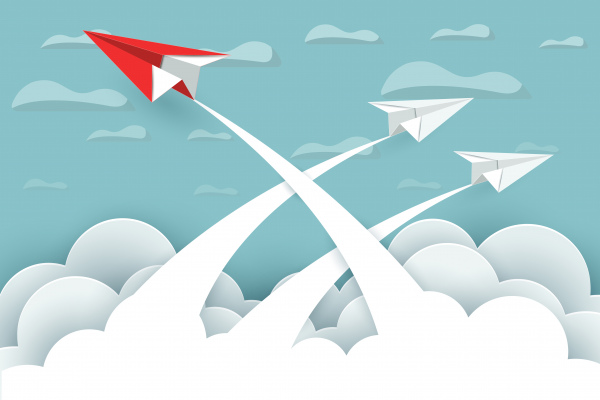 paper airplane red and white are fly up to the sky between cloud natural landscape go to target startup leadership concept of business success creative idea illustration vector cartoon