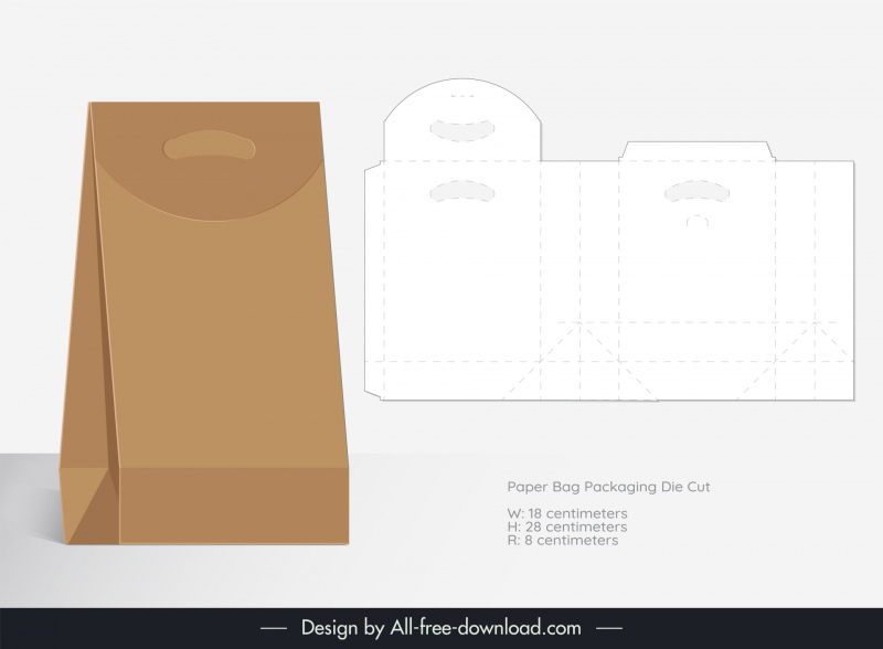 paper bag packaging template modern 3d flat mockup and die cut paper sketch