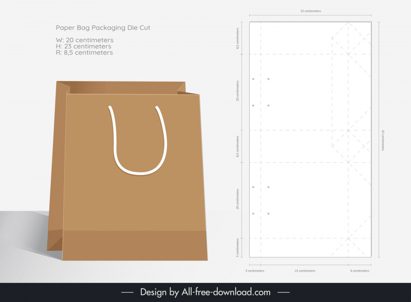 paper shopping bag packaging template flat 3d mockup and die cut sketch