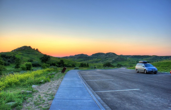 parking lot at dusk at theodore roosevelt national park north dakota