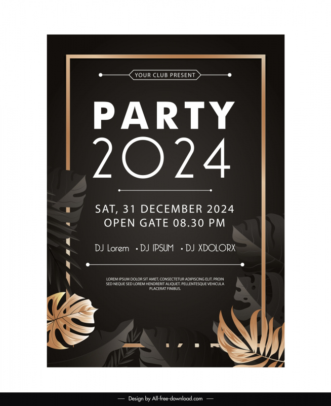 party 2024 banner template elegant leaves dark frame 