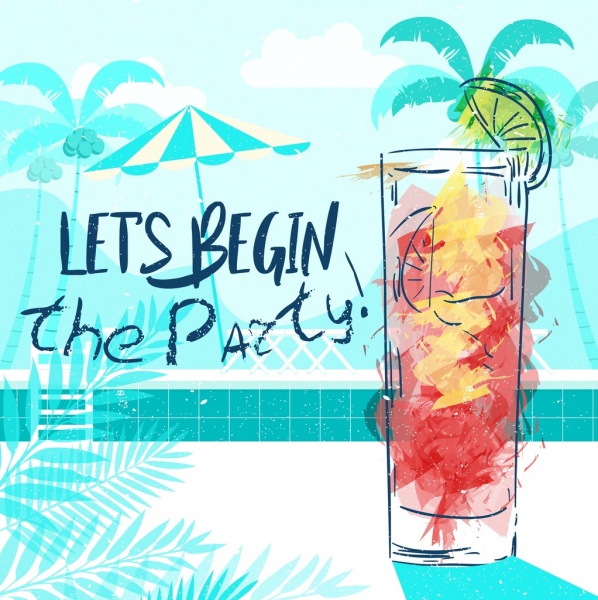 party banner cocktail icon grunge watercolor handdrawn design