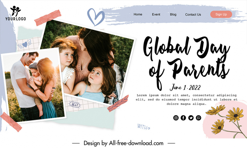 party global day of parents landing page banner template cute realistic design