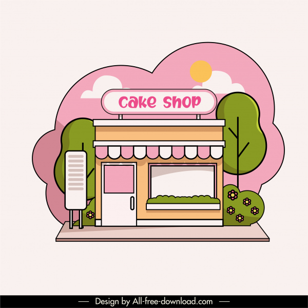 pastry shop exterior icon flat colorful classic sketch
