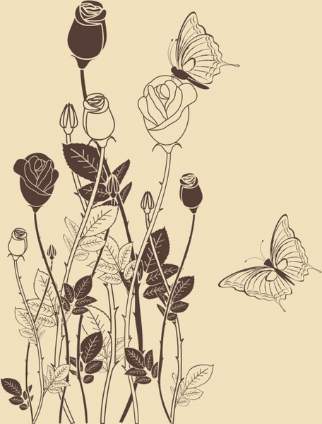nature painting roses butterflies sketch retro handdrawn