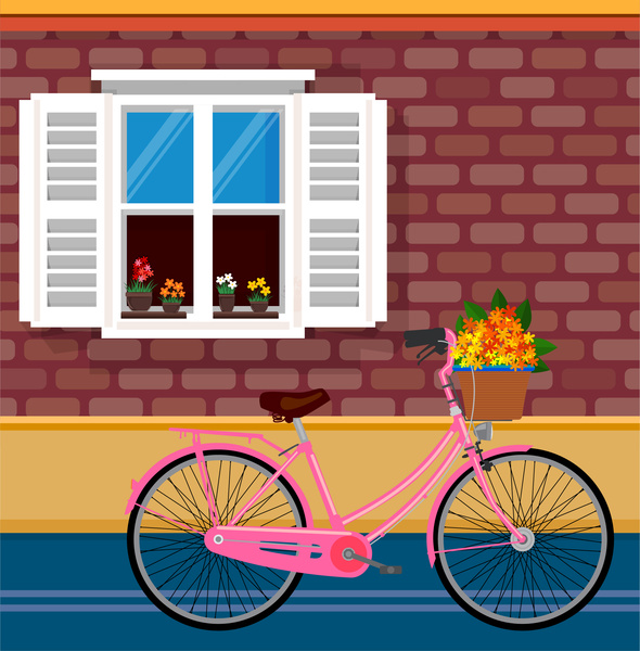 peaceful drawing illustration with flowers bicyle near window