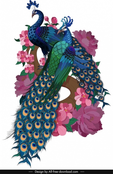 peacock painting couple blooming floral icons sketch
