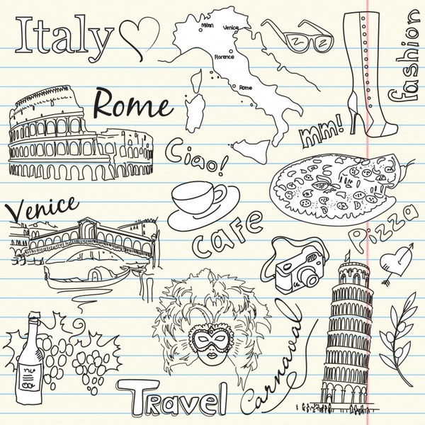 italia design elements landmark icons handdrawn design