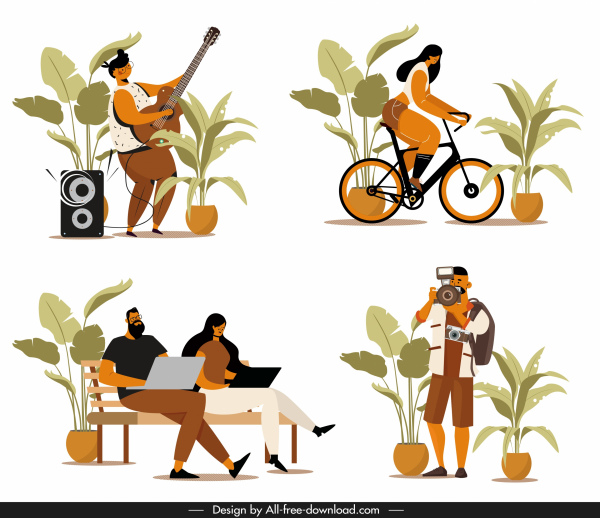 people activities icons guitarist cyclist staff photographer sketch