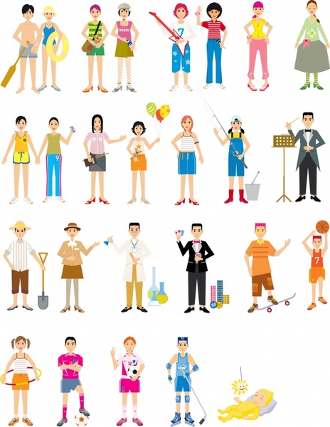 people activities icons colored cartoon characters