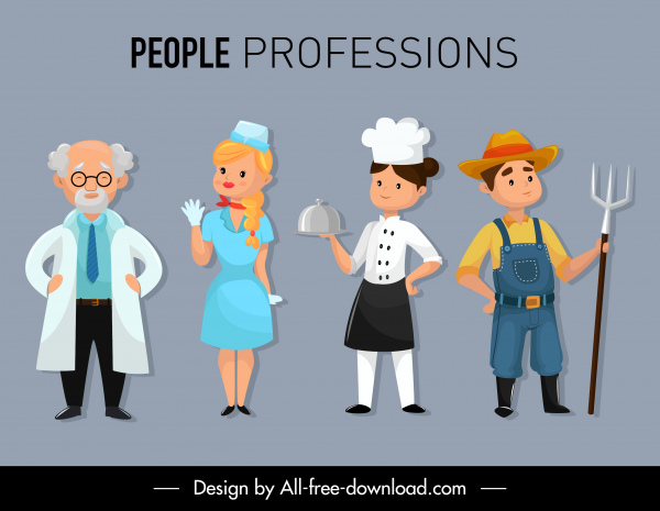 people profession icons colored cartoon characters sketch