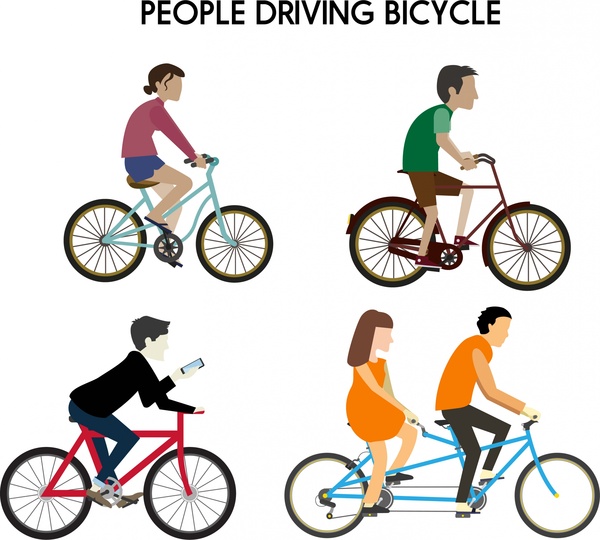people riding bicycle various types isolation