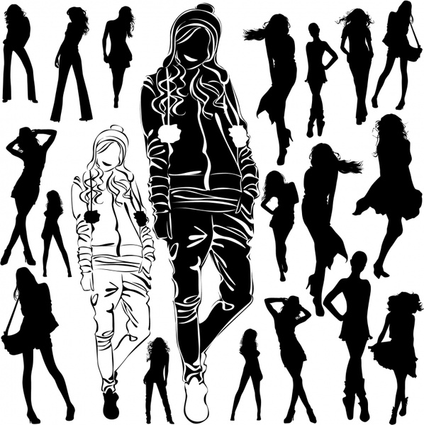 young girl icons modern lifestyle handdrawn silhouette sketch