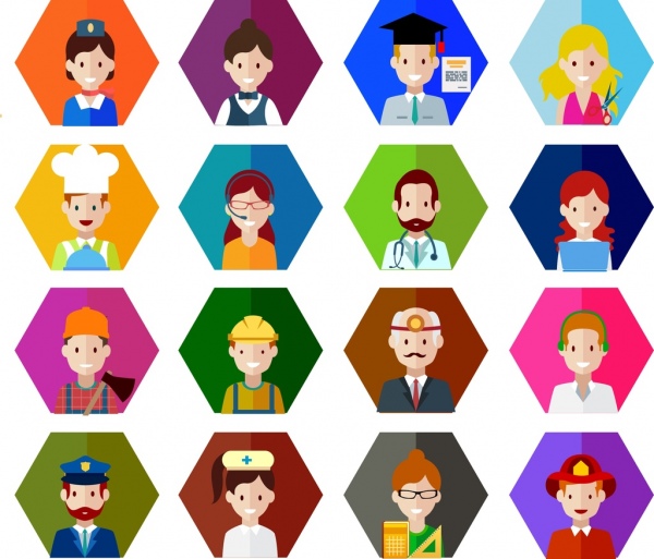 peoples careers icons various colored types hexagon isolation 