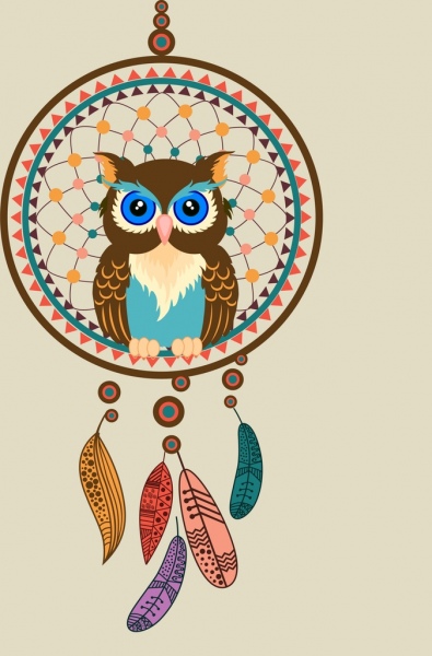 perching owl icon colorful dream catcher decor