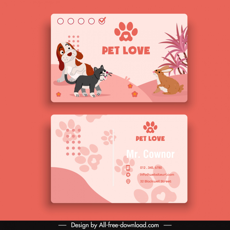 pet care business card templates cute cartoon animals
