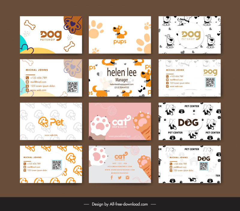 pet shop business card template flat dog cat elements