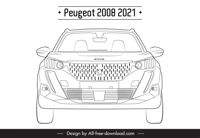 peugeot 2008 2021 car model advertising template flat black white symmetric handdrawn front view outline