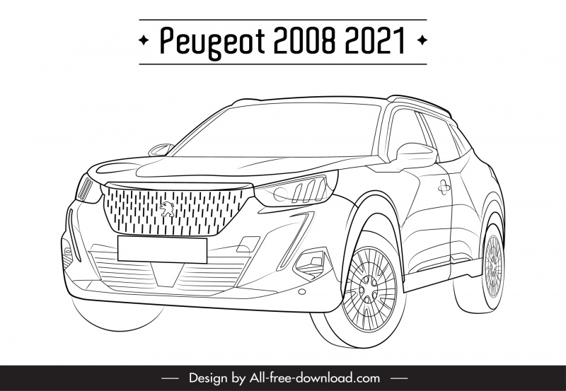 peugeot 2008 2021 car model icon black white handdrawn tilt angle view outline