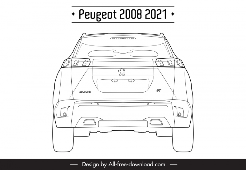 peugeot 2008 2021 car model icon flat black white handdrawn back view outline
