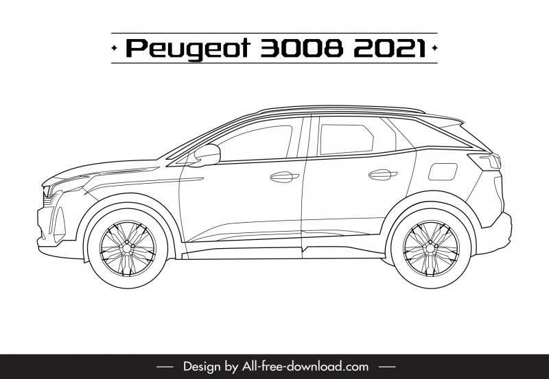 peugeot 3008 2021 car model advertising template flat  black white handdrawn side view sketch