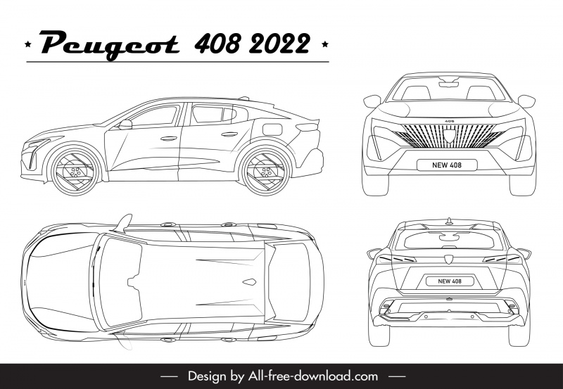 peugeot 408 2022 car model advertising template black white handdrawn different views sketch