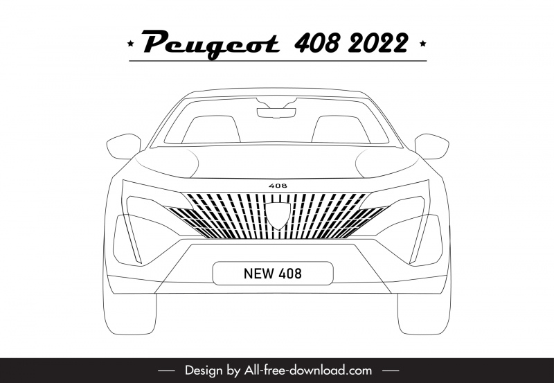 peugeot 408 2022 car model icon symmetric handdrawn black white front view outline