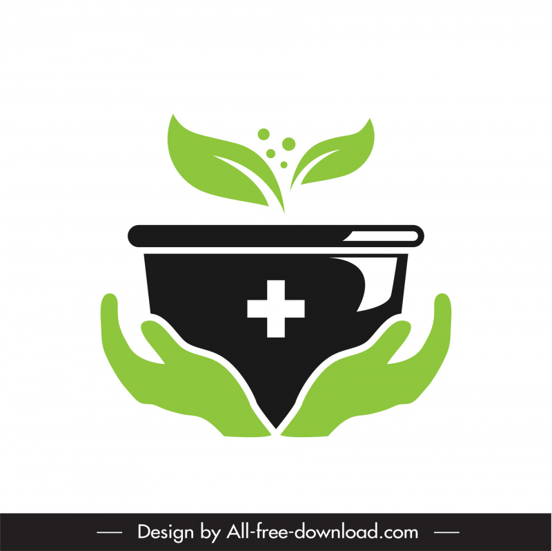 pharmacy logo template symmetric flat hands holding flowerpot leaves sketch