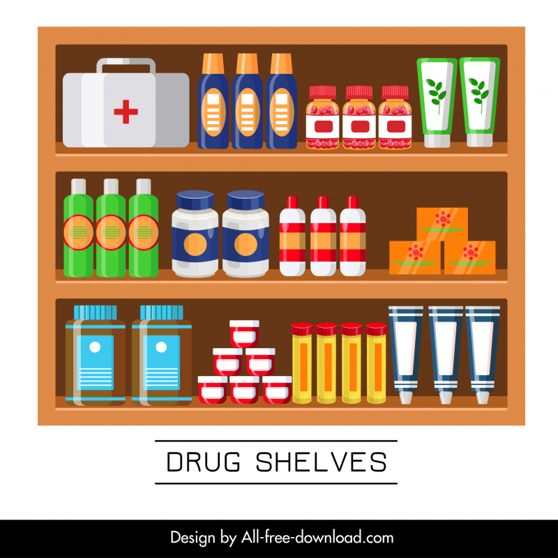 pharmacy shelves template medicines drugstore outline flat design 