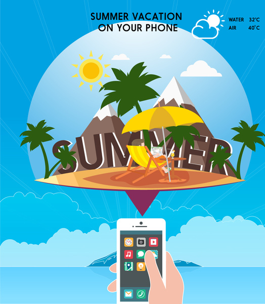 phone application promotion banner with beach vacation design