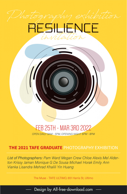 photography exhibition invitation banner template modern elegant camera lens sketch