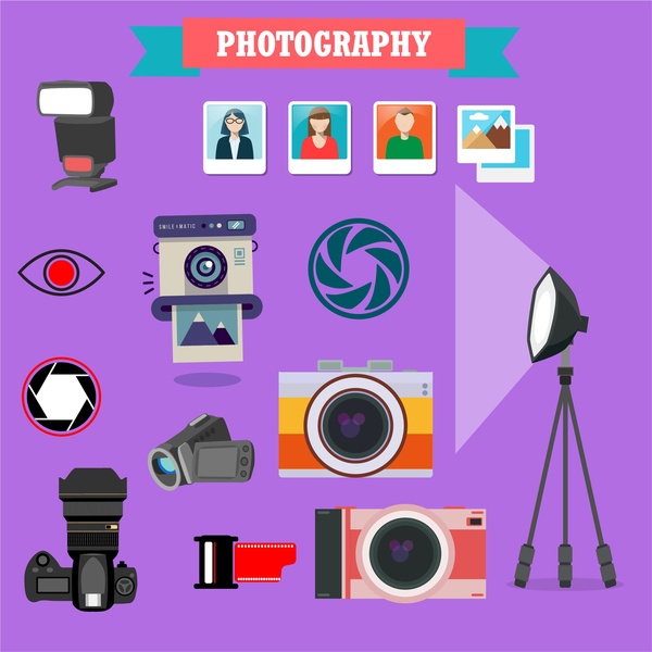 photography icons illustration with various colored symbols