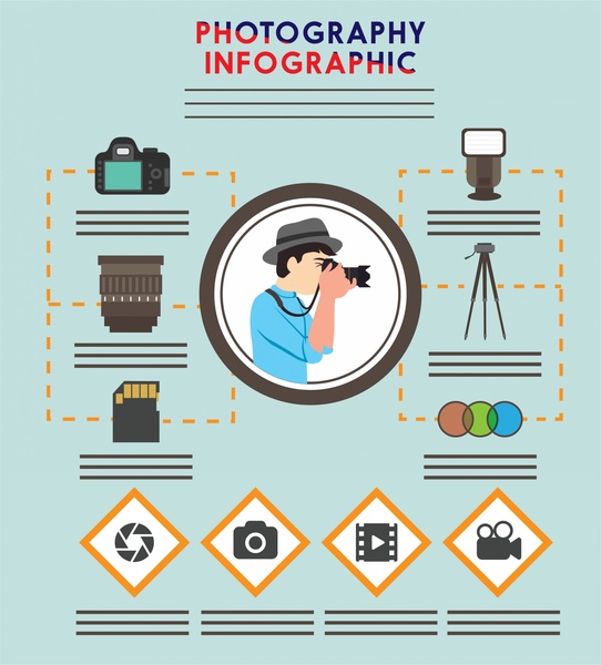 photography infographic camera accessories icons design
