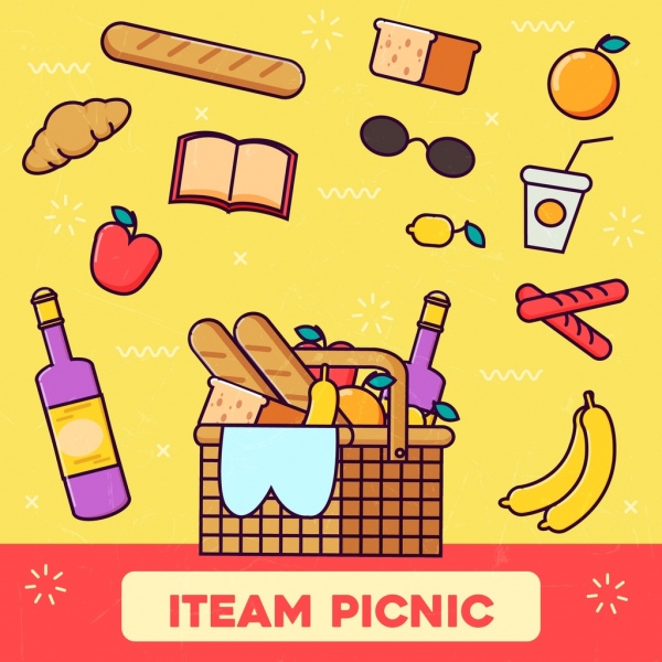 picnic background food icons colored flat design