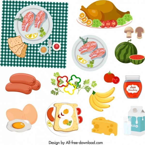 picnic design elements food icons sketch colorful design