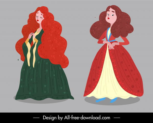 picture book characters icons young ladies sketch