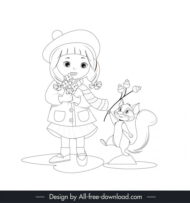 picture book design elements cute handdrawn girl  squirrel outline
