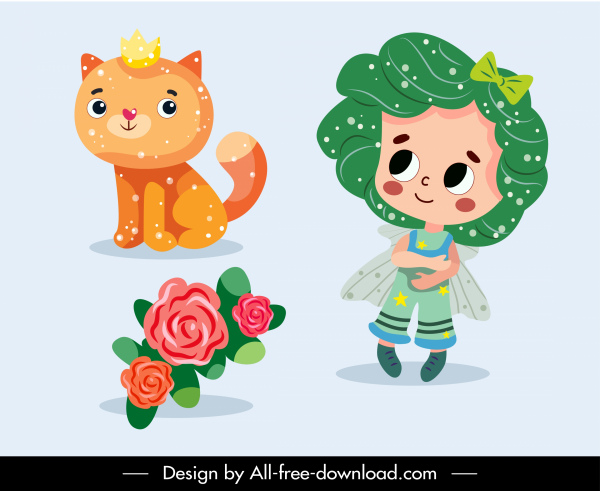 picture book icons angel cat flower bouquet sketch