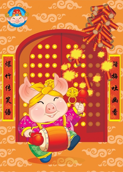 chinese new year background stylized pig firecracker icons