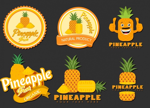 pineapple logotypes yellow icons various shapes isolation