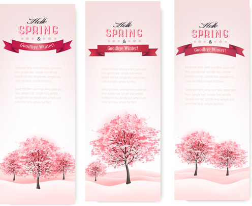 pink style spring trees banners vector graphics