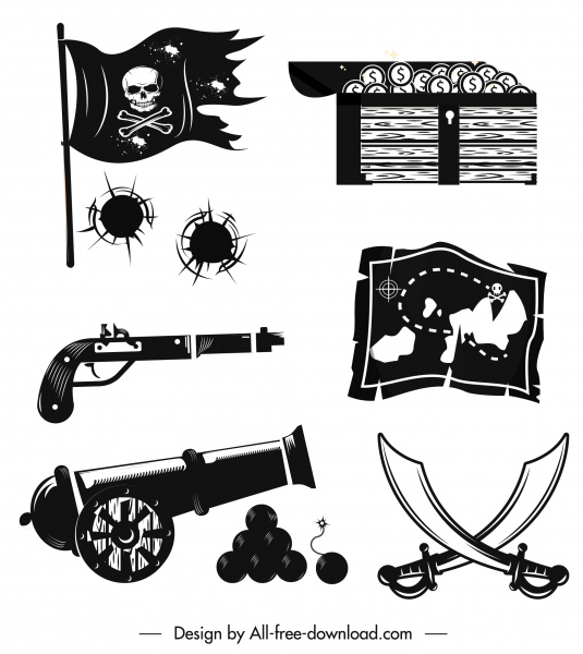 pirate design elements black white retro symbols sketch
