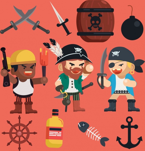 pirate design elements men sword anchor explosive icons