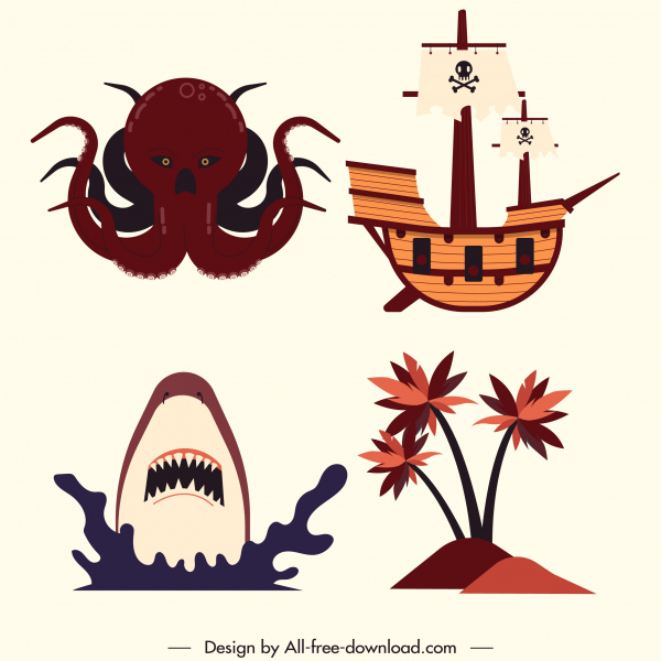 pirate design elements octopus shark ship island sketch