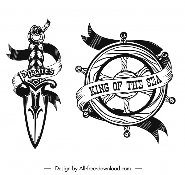 pirate icons black white sword steering wheel sketch