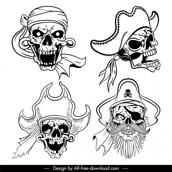 pirate skull icons black white sketch frightening design