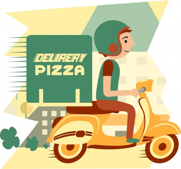 pizza advertising man ridding scooter icon colored cartoon